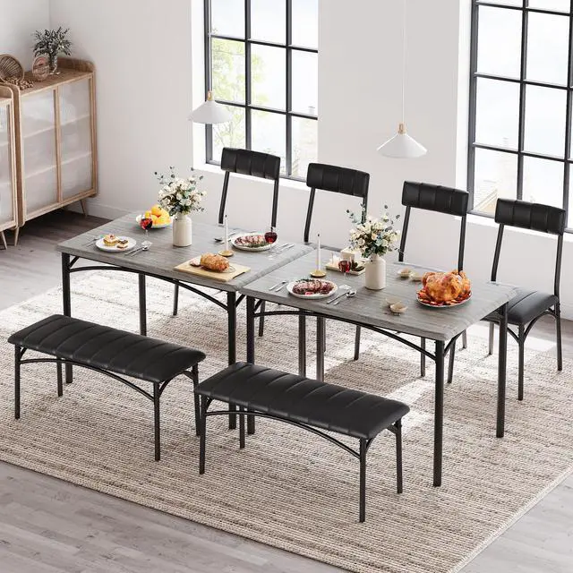 Alt view image 3 of 6 - Dining Table Set for 4, Kitchen Table with Upholstered Bench and 2 Chairs, 4-Piece Wooden Dining Table Set for Apartment, Dining Room, Small Space, Gray