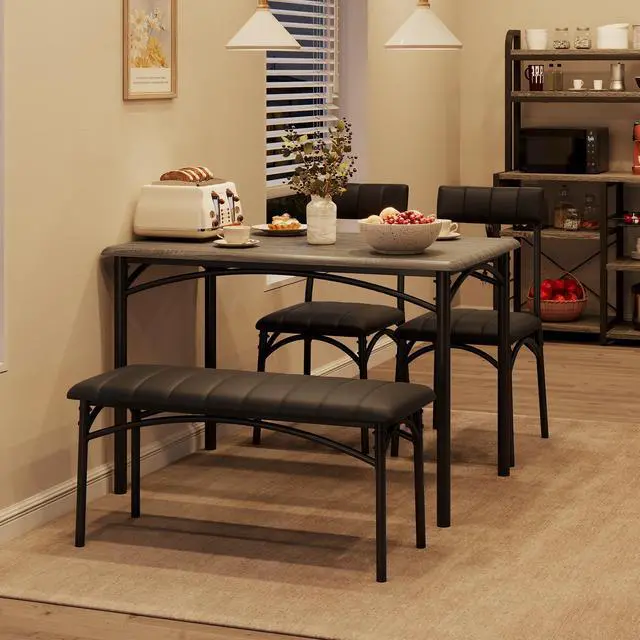 Alt view image 4 of 6 - Dining Table Set for 4, Kitchen Table with Upholstered Bench and 2 Chairs, 4-Piece Wooden Dining Table Set for Apartment, Dining Room, Small Space, Gray