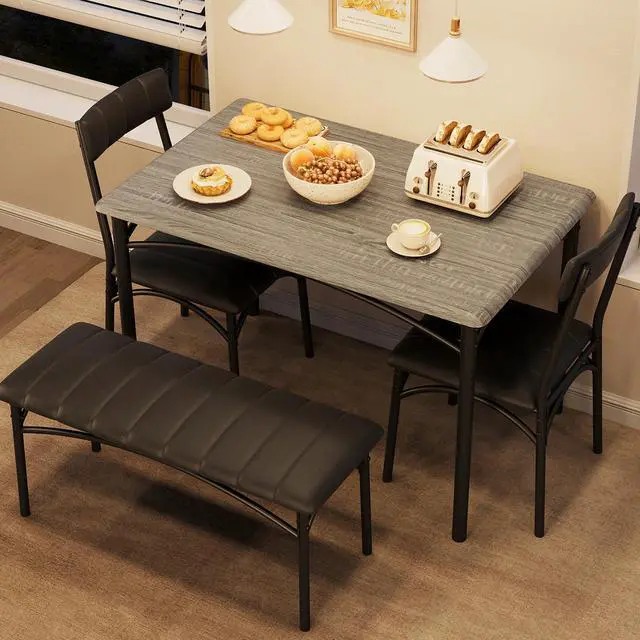 Alt view image 5 of 6 - Dining Table Set for 4, Kitchen Table with Upholstered Bench and 2 Chairs, 4-Piece Wooden Dining Table Set for Apartment, Dining Room, Small Space, Gray