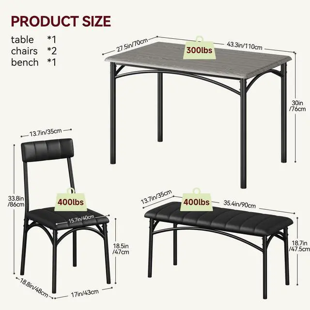 Alt view image 6 of 6 - Dining Table Set for 4, Kitchen Table with Upholstered Bench and 2 Chairs, 4-Piece Wooden Dining Table Set for Apartment, Dining Room, Small Space, Gray