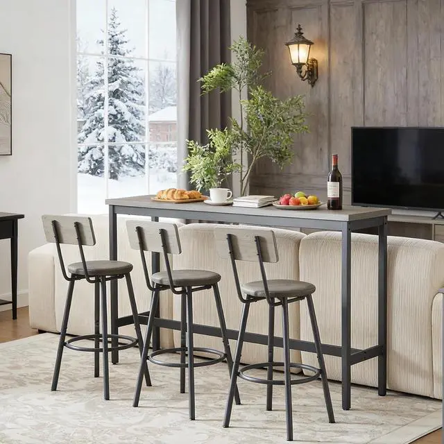 Main image of Bar Table and Chairs Set for 3, 63" L Rectangle Sofa Table with 3 PU Upholstered Stools, 4 Piece Industrial Counter Height Dining Table Set for Living Room Kitchen Restaurant, Grey