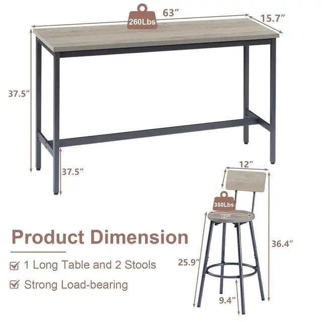Alt view image 2 of 6 - Bar Table and Chairs Set for 3, 63" L Rectangle Sofa Table with 3 PU Upholstered Stools, 4 Piece Industrial Counter Height Dining Table Set for Living Room Kitchen Restaurant, Grey