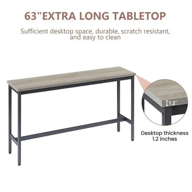 Alt view image 4 of 6 - Bar Table and Chairs Set for 3, 63" L Rectangle Sofa Table with 3 PU Upholstered Stools, 4 Piece Industrial Counter Height Dining Table Set for Living Room Kitchen Restaurant, Grey