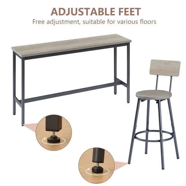 Alt view image 5 of 6 - Bar Table and Chairs Set for 3, 63" L Rectangle Sofa Table with 3 PU Upholstered Stools, 4 Piece Industrial Counter Height Dining Table Set for Living Room Kitchen Restaurant, Grey