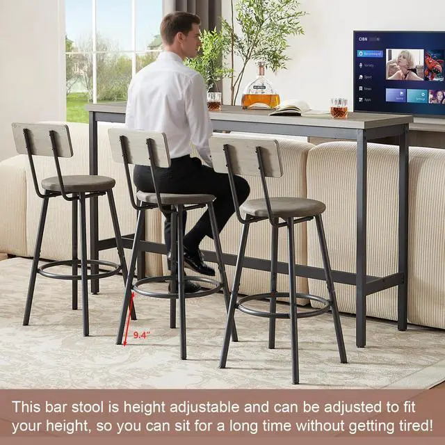 Alt view image 6 of 6 - Bar Table and Chairs Set for 3, 63" L Rectangle Sofa Table with 3 PU Upholstered Stools, 4 Piece Industrial Counter Height Dining Table Set for Living Room Kitchen Restaurant, Grey
