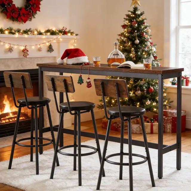 Main image of Bar Table and Chairs Set for 3, 63" L Rectangle Sofa Table with 3 PU Upholstered Stools, 4 Piece Industrial Counter Height Dining Table Set for Living Room Kitchen Restaurant, Brown