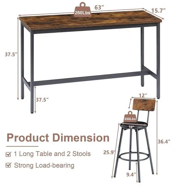 Alt view image 2 of 6 - Bar Table and Chairs Set for 3, 63" L Rectangle Sofa Table with 3 PU Upholstered Stools, 4 Piece Industrial Counter Height Dining Table Set for Living Room Kitchen Restaurant, Brown
