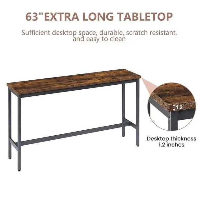 Alt view image 4 of 6 - Bar Table and Chairs Set for 3, 63" L Rectangle Sofa Table with 3 PU Upholstered Stools, 4 Piece Industrial Counter Height Dining Table Set for Living Room Kitchen Restaurant, Brown