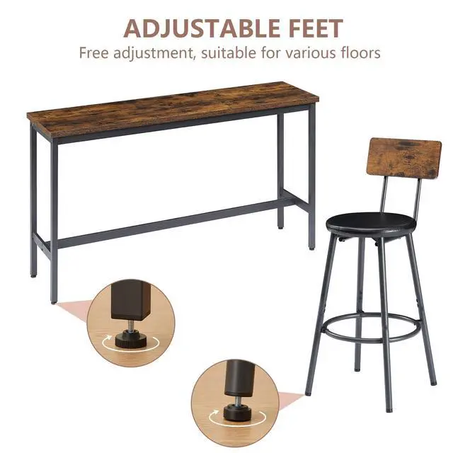 Alt view image 5 of 6 - Bar Table and Chairs Set for 3, 63" L Rectangle Sofa Table with 3 PU Upholstered Stools, 4 Piece Industrial Counter Height Dining Table Set for Living Room Kitchen Restaurant, Brown