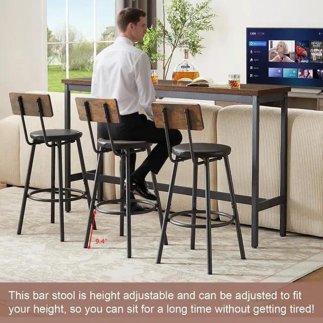 Alt view image 6 of 6 - Bar Table and Chairs Set for 3, 63" L Rectangle Sofa Table with 3 PU Upholstered Stools, 4 Piece Industrial Counter Height Dining Table Set for Living Room Kitchen Restaurant, Brown