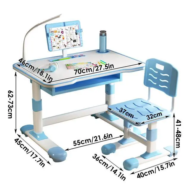 Alt view image 2 of 6 - Kids Desk and Chair Set, Height Adjustable Study Desk with Chair for Children Toddler School Desks Set with Ergonomic Scientific Separation Book Stand Drawer Holiday Birthday Gift for Boys Girls Blue