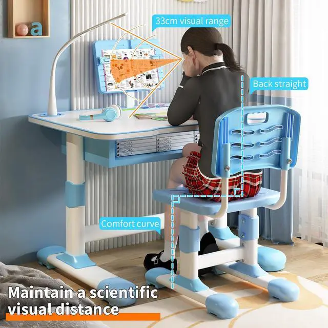 Alt view image 3 of 6 - Kids Desk and Chair Set, Height Adjustable Study Desk with Chair for Children Toddler School Desks Set with Ergonomic Scientific Separation Book Stand Drawer Holiday Birthday Gift for Boys Girls Blue