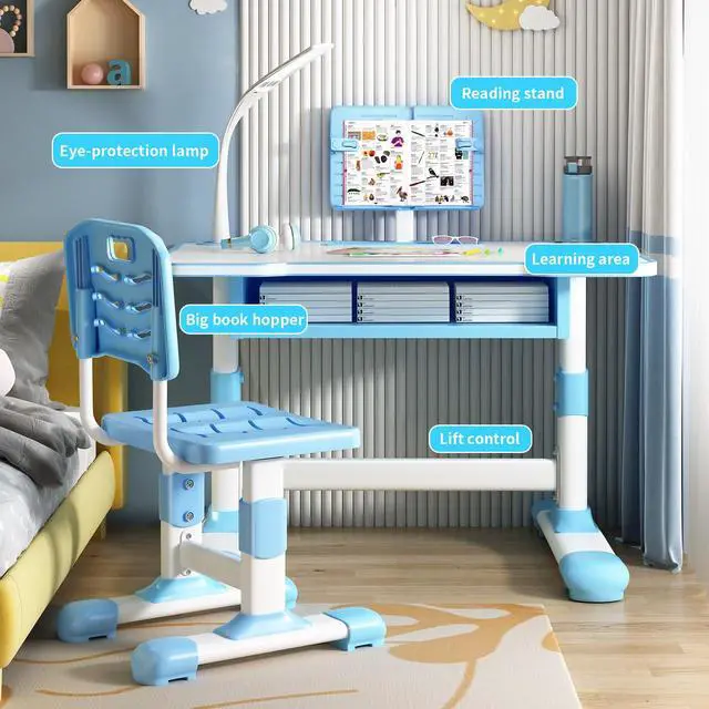 Alt view image 4 of 6 - Kids Desk and Chair Set, Height Adjustable Study Desk with Chair for Children Toddler School Desks Set with Ergonomic Scientific Separation Book Stand Drawer Holiday Birthday Gift for Boys Girls Blue