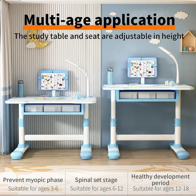 Alt view image 5 of 6 - Kids Desk and Chair Set, Height Adjustable Study Desk with Chair for Children Toddler School Desks Set with Ergonomic Scientific Separation Book Stand Drawer Holiday Birthday Gift for Boys Girls Blue