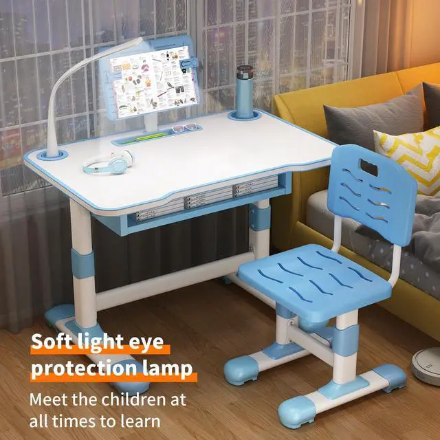 Alt view image 6 of 6 - Kids Desk and Chair Set, Height Adjustable Study Desk with Chair for Children Toddler School Desks Set with Ergonomic Scientific Separation Book Stand Drawer Holiday Birthday Gift for Boys Girls Blue