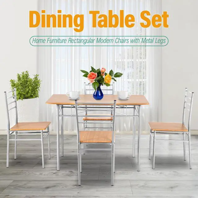 Alt view image 2 of 6 - Dining Table Set, Wood Table top and 4 Modern Chairs with Metal Legs, Rectangular Home Furniture