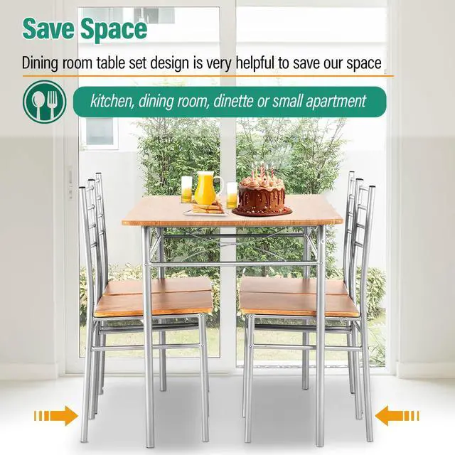 Alt view image 3 of 6 - Dining Table Set, Wood Table top and 4 Modern Chairs with Metal Legs, Rectangular Home Furniture