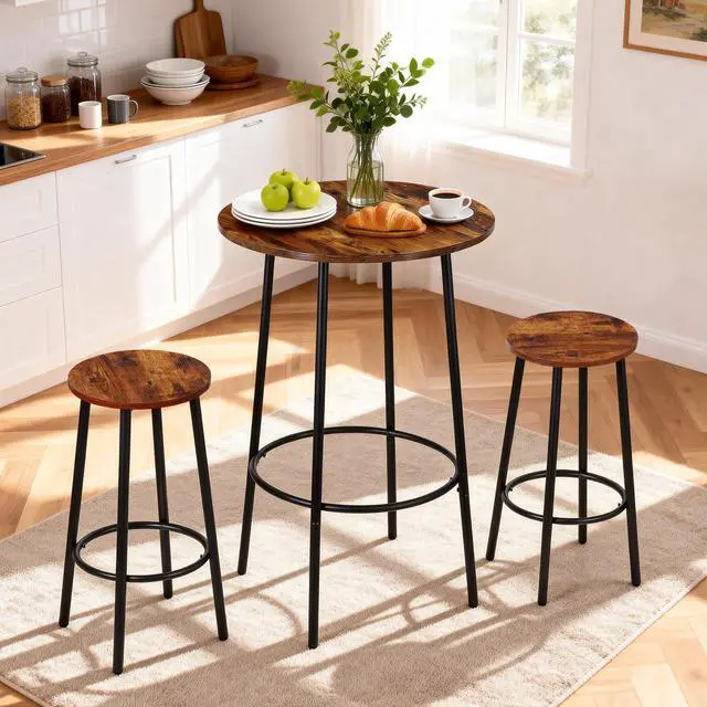 Main image of 3 Piece Dining Table Set, Modern Round Bar Table and 2 Stools, Counter Height Wood Table and Chairs for Kitchen Breakfast Nook Dining Room Compact Space, Rustic Brown