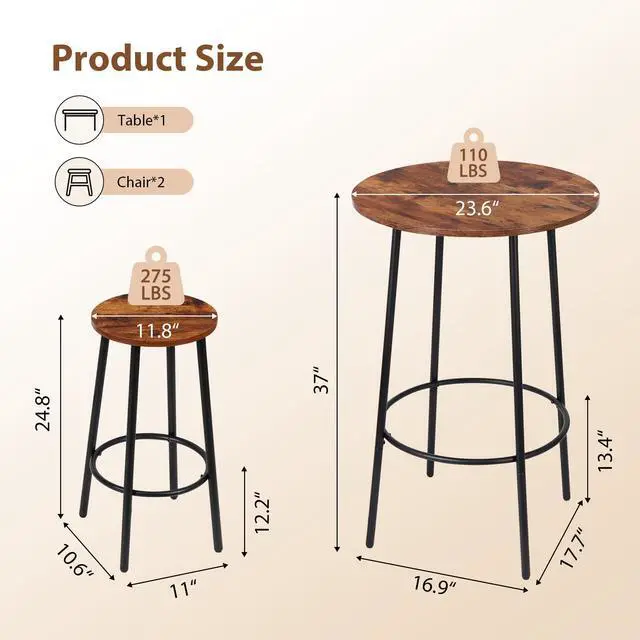 Alt view image 2 of 6 - 3 Piece Dining Table Set, Modern Round Bar Table and 2 Stools, Counter Height Wood Table and Chairs for Kitchen Breakfast Nook Dining Room Compact Space, Rustic Brown