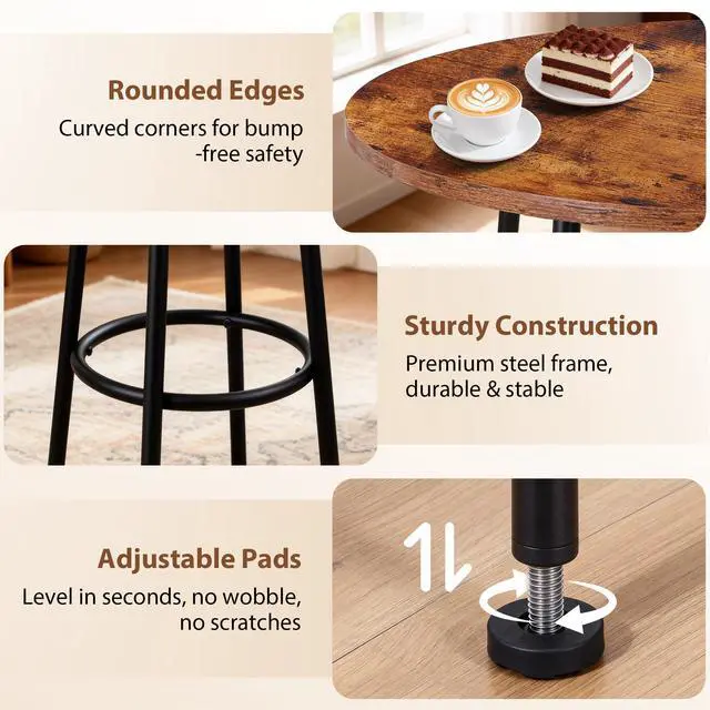 Alt view image 3 of 6 - 3 Piece Dining Table Set, Modern Round Bar Table and 2 Stools, Counter Height Wood Table and Chairs for Kitchen Breakfast Nook Dining Room Compact Space, Rustic Brown