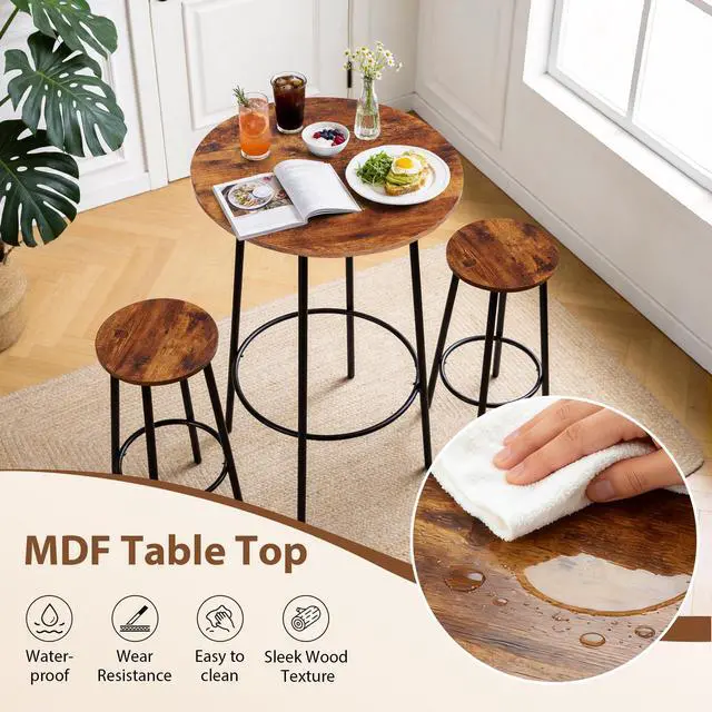 Alt view image 5 of 6 - 3 Piece Dining Table Set, Modern Round Bar Table and 2 Stools, Counter Height Wood Table and Chairs for Kitchen Breakfast Nook Dining Room Compact Space, Rustic Brown