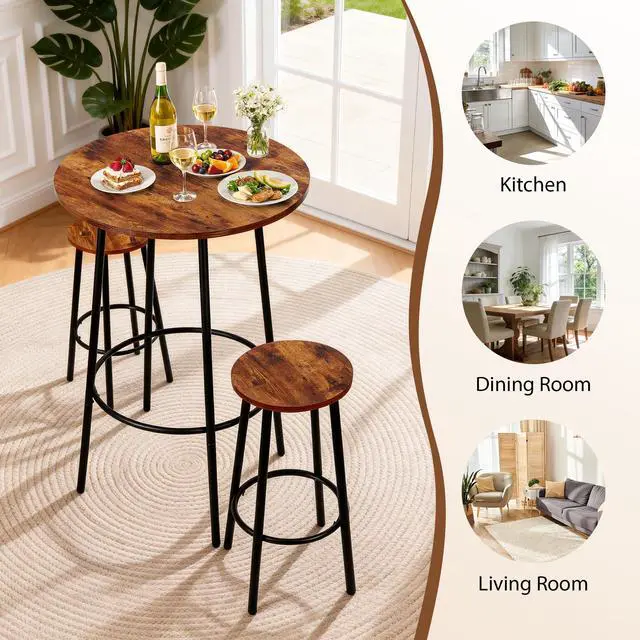 Alt view image 6 of 6 - 3 Piece Dining Table Set, Modern Round Bar Table and 2 Stools, Counter Height Wood Table and Chairs for Kitchen Breakfast Nook Dining Room Compact Space, Rustic Brown