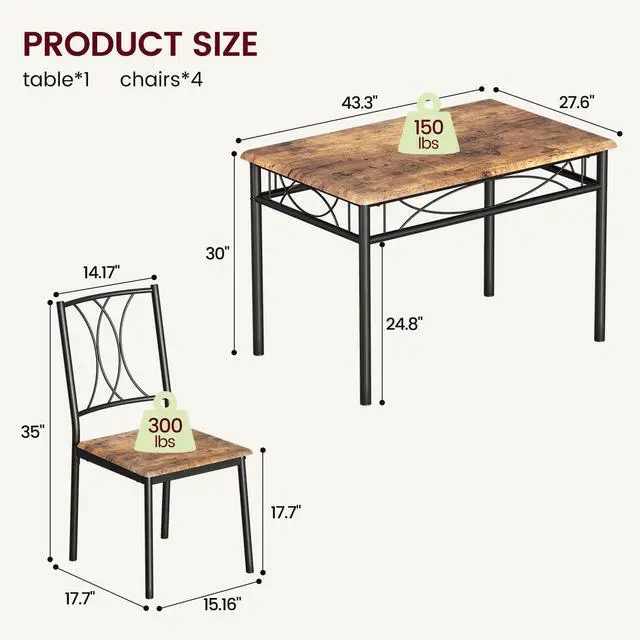 Alt view image 2 of 6 - Dining Table Set for 4, Compact Kitchen Table and 4 Chairs, 5-Piece Kitchen Table Set, Space-Saving Design for Small Space, Dining Room, Apartment, Retro Brown