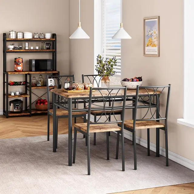 Alt view image 3 of 6 - Dining Table Set for 4, Compact Kitchen Table and 4 Chairs, 5-Piece Kitchen Table Set, Space-Saving Design for Small Space, Dining Room, Apartment, Retro Brown