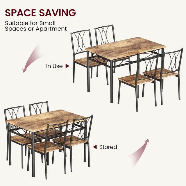 Alt view image 4 of 6 - Dining Table Set for 4, Compact Kitchen Table and 4 Chairs, 5-Piece Kitchen Table Set, Space-Saving Design for Small Space, Dining Room, Apartment, Retro Brown