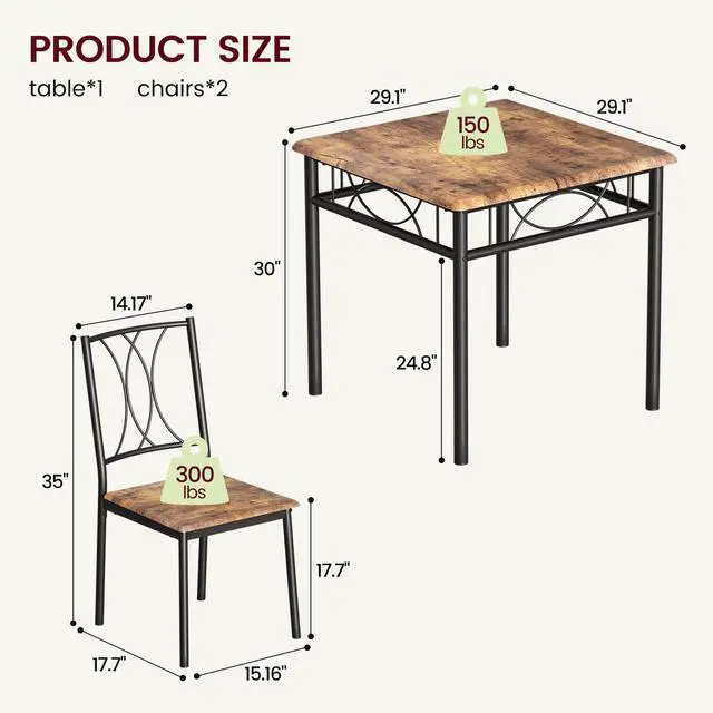 Alt view image 2 of 6 - Dining Table Set for 2, Kitchen Table with 2 Chairs, Wood 3-Piece Kitchen Dining Room Table Set for Apartment, Small Space, Space Saving, Retro Brown
