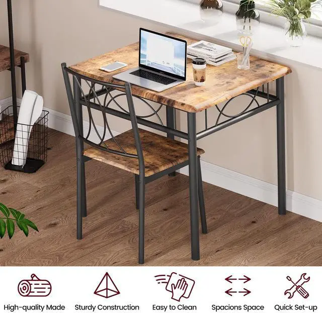 Alt view image 3 of 6 - Dining Table Set for 2, Kitchen Table with 2 Chairs, Wood 3-Piece Kitchen Dining Room Table Set for Apartment, Small Space, Space Saving, Retro Brown