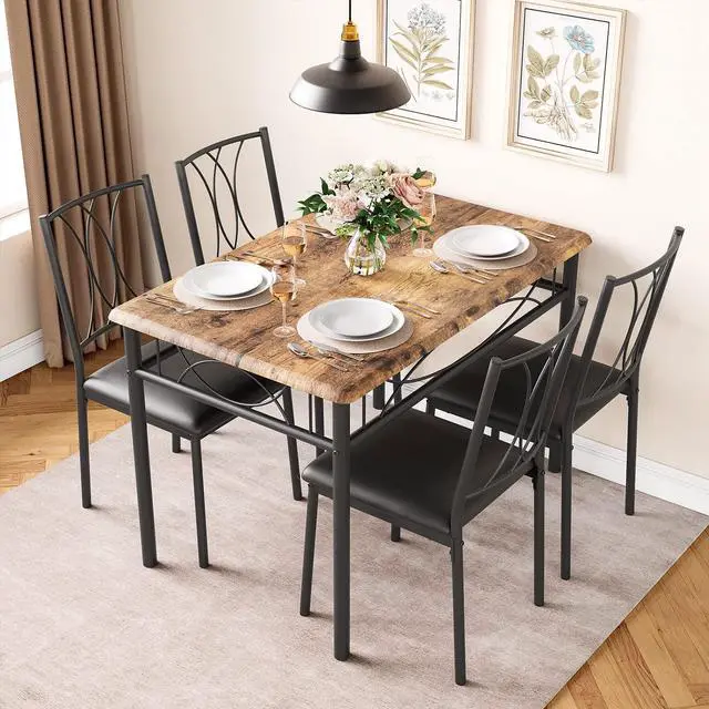 Main image of Dining Table Set for 4, Compact Kitchen Table with 4 Upholstered Chairs, 5-Piece Kitchen Table Set for Small Space, Dining Room, Apartment, Retro Brown