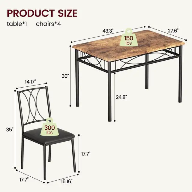 Alt view image 2 of 6 - Dining Table Set for 4, Compact Kitchen Table with 4 Upholstered Chairs, 5-Piece Kitchen Table Set for Small Space, Dining Room, Apartment, Retro Brown