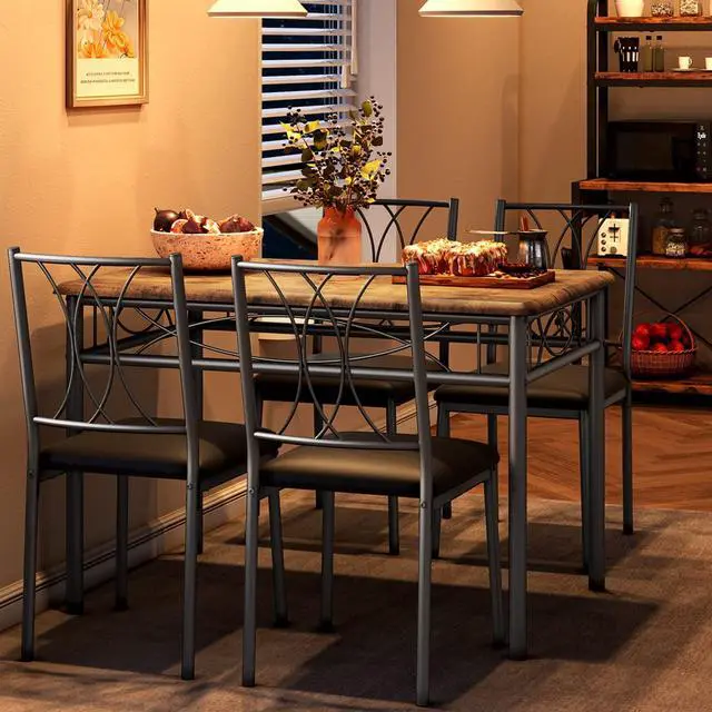 Alt view image 3 of 6 - Dining Table Set for 4, Compact Kitchen Table with 4 Upholstered Chairs, 5-Piece Kitchen Table Set for Small Space, Dining Room, Apartment, Retro Brown