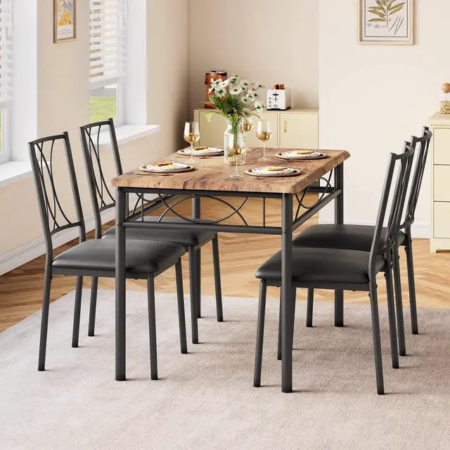 Alt view image 5 of 6 - Dining Table Set for 4, Compact Kitchen Table with 4 Upholstered Chairs, 5-Piece Kitchen Table Set for Small Space, Dining Room, Apartment, Retro Brown