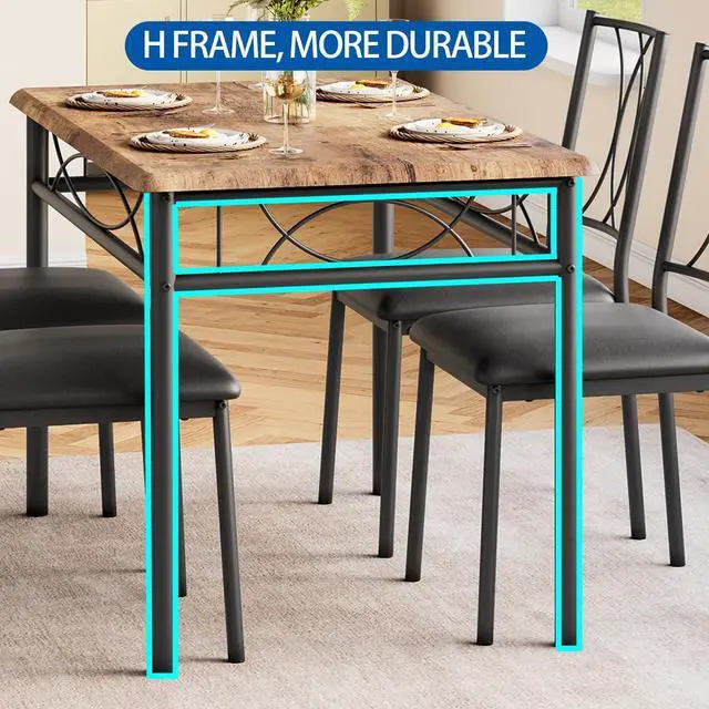 Alt view image 6 of 6 - Dining Table Set for 4, Compact Kitchen Table with 4 Upholstered Chairs, 5-Piece Kitchen Table Set for Small Space, Dining Room, Apartment, Retro Brown