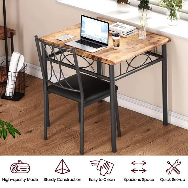 Alt view image 3 of 6 - Dining Table Set for 2, Kitchen Table with 2 Upholstered Chairs, Wood 3-Piece Kitchen Dining Room Table Set for Apartment, Small Space, Space Saving, Retro Brown