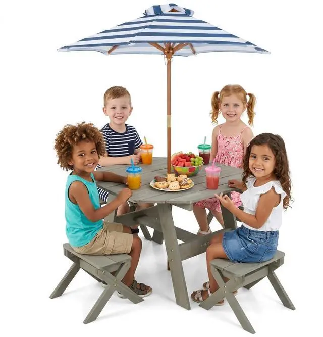 Main image of Kids Picnic Table, Fir Wood Octagon Kids Table and Chair Set with Removable Umbrella, Toddler Activity Table for Backyard, Garden, Patio, Kids Outdoor Furniture for Boys Girls (Grey)