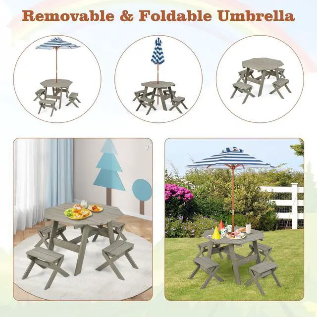 Alt view image 2 of 6 - Kids Picnic Table, Fir Wood Octagon Kids Table and Chair Set with Removable Umbrella, Toddler Activity Table for Backyard, Garden, Patio, Kids Outdoor Furniture for Boys Girls (Grey)