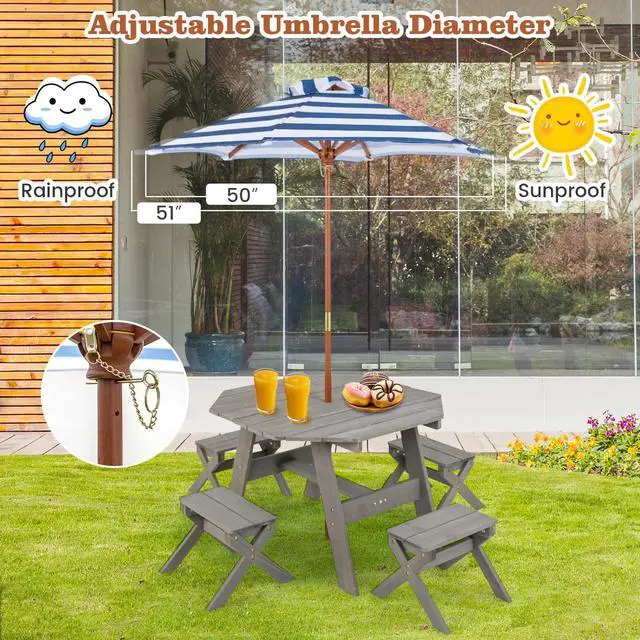 Alt view image 3 of 6 - Kids Picnic Table, Fir Wood Octagon Kids Table and Chair Set with Removable Umbrella, Toddler Activity Table for Backyard, Garden, Patio, Kids Outdoor Furniture for Boys Girls (Grey)