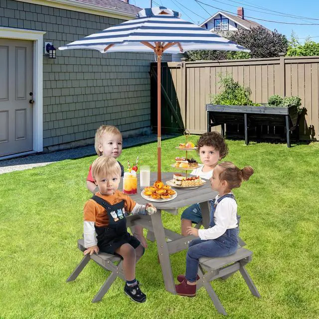 Alt view image 4 of 6 - Kids Picnic Table, Fir Wood Octagon Kids Table and Chair Set with Removable Umbrella, Toddler Activity Table for Backyard, Garden, Patio, Kids Outdoor Furniture for Boys Girls (Grey)