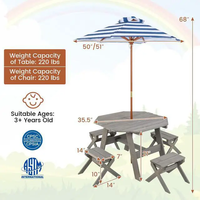 Alt view image 6 of 6 - Kids Picnic Table, Fir Wood Octagon Kids Table and Chair Set with Removable Umbrella, Toddler Activity Table for Backyard, Garden, Patio, Kids Outdoor Furniture for Boys Girls (Grey)
