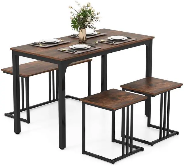 Main image of 4-Piece Dining Table Set for 4, Modern Kitchen Table and Chairs, Nesting Furniture Set with Bench & 2 Stools, Space-Saving Desk Set, Dinette Set for Small Place, Dining Room Restaurant (Brown)