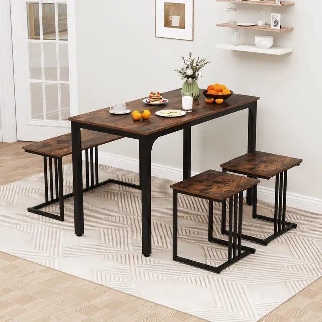 Alt view image 2 of 6 - 4-Piece Dining Table Set for 4, Modern Kitchen Table and Chairs, Nesting Furniture Set with Bench & 2 Stools, Space-Saving Desk Set, Dinette Set for Small Place, Dining Room Restaurant (Brown)