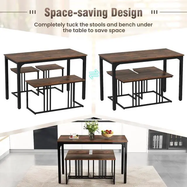 Alt view image 3 of 6 - 4-Piece Dining Table Set for 4, Modern Kitchen Table and Chairs, Nesting Furniture Set with Bench & 2 Stools, Space-Saving Desk Set, Dinette Set for Small Place, Dining Room Restaurant (Brown)