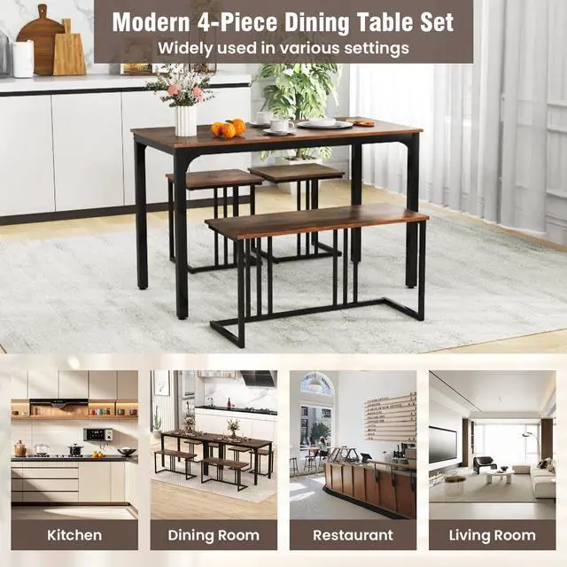 Alt view image 6 of 6 - 4-Piece Dining Table Set for 4, Modern Kitchen Table and Chairs, Nesting Furniture Set with Bench & 2 Stools, Space-Saving Desk Set, Dinette Set for Small Place, Dining Room Restaurant (Brown)