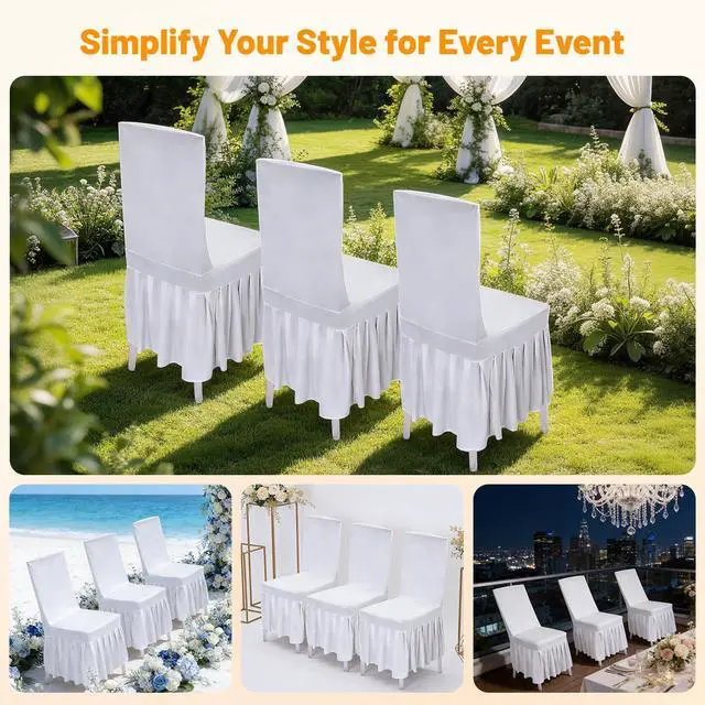Alt view image 2 of 6 - 30 Pcs White Chair Covers with Skirt, Wedding Long Stretch Chair Cover Removable and Washable Stretch Chair Slipcovers with Skirt for Dining Chairs Hotel and Wedding Ceremony