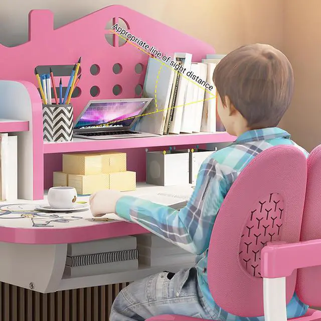 Alt view image 3 of 6 - Kids Desk Chair Set,Multi Functional Widened Children Desktop with Tilt Book Stand Drawer Cartoon Pattern School Height Adjustable Study Table and Set for Boys Girls (Cartoon Pink)