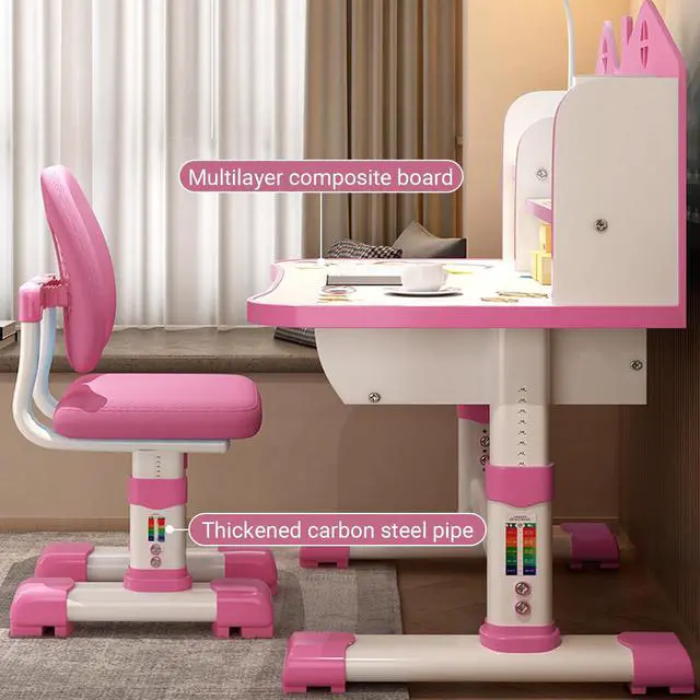 Alt view image 6 of 6 - Kids Desk Chair Set,Multi Functional Widened Children Desktop with Tilt Book Stand Drawer Cartoon Pattern School Height Adjustable Study Table and Set for Boys Girls (Cartoon Pink)