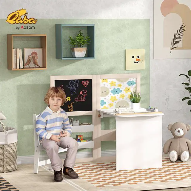 Alt view image 2 of 6 - Kids 3 in 1 Art Table and Chair with Storage Shelves, Foldable Blackboard, Whiteboard & Roll Paper, Toddler Table and Chair Set for 3-8 Years, White
